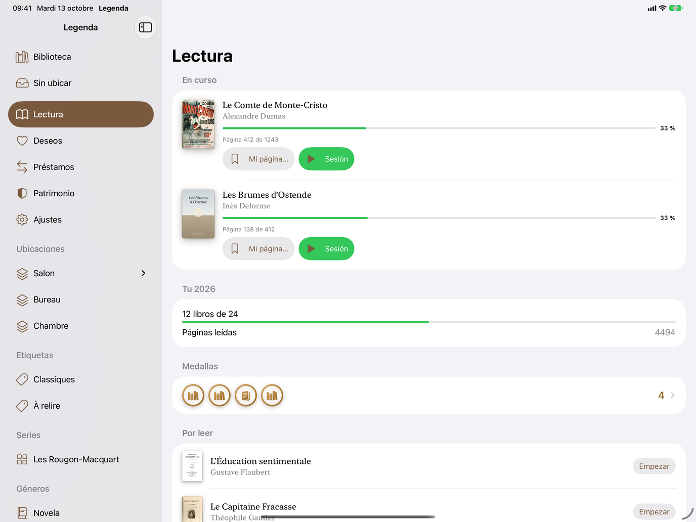 Lectura. Libros en curso, páginas leídas, medallas. — Legenda, iPad