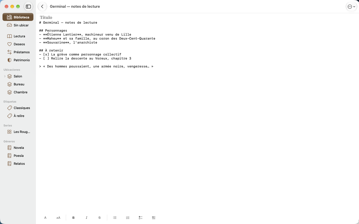Notas. Títulos, listas y citas, con su historial. — Legenda, Mac