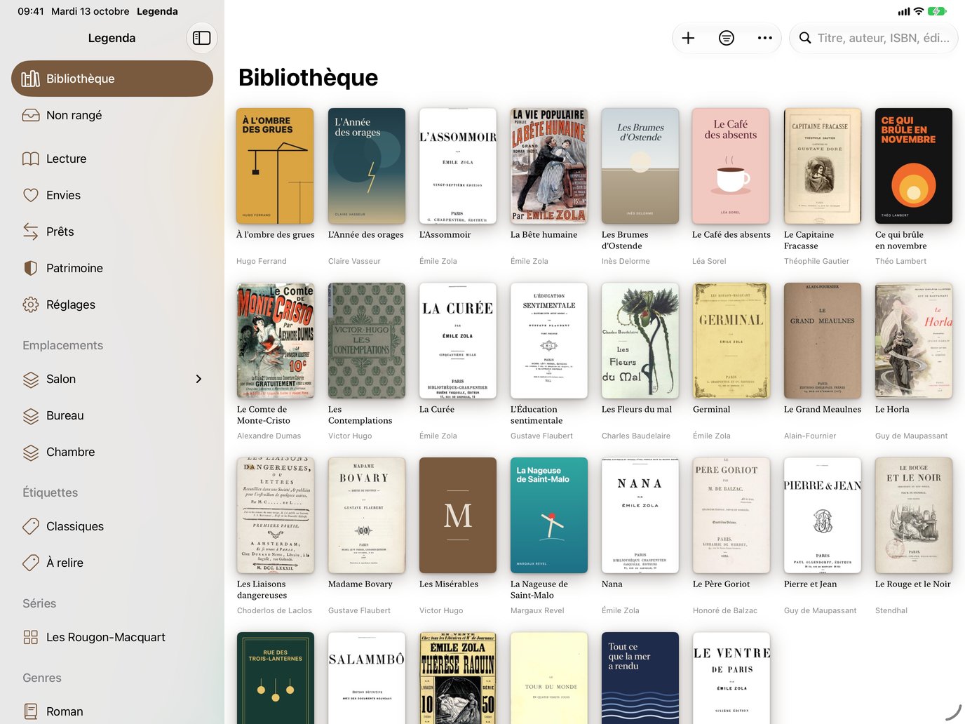 Bibliothèque. Étagères, séries et genres d’un coup d’œil. — Legenda, iPad