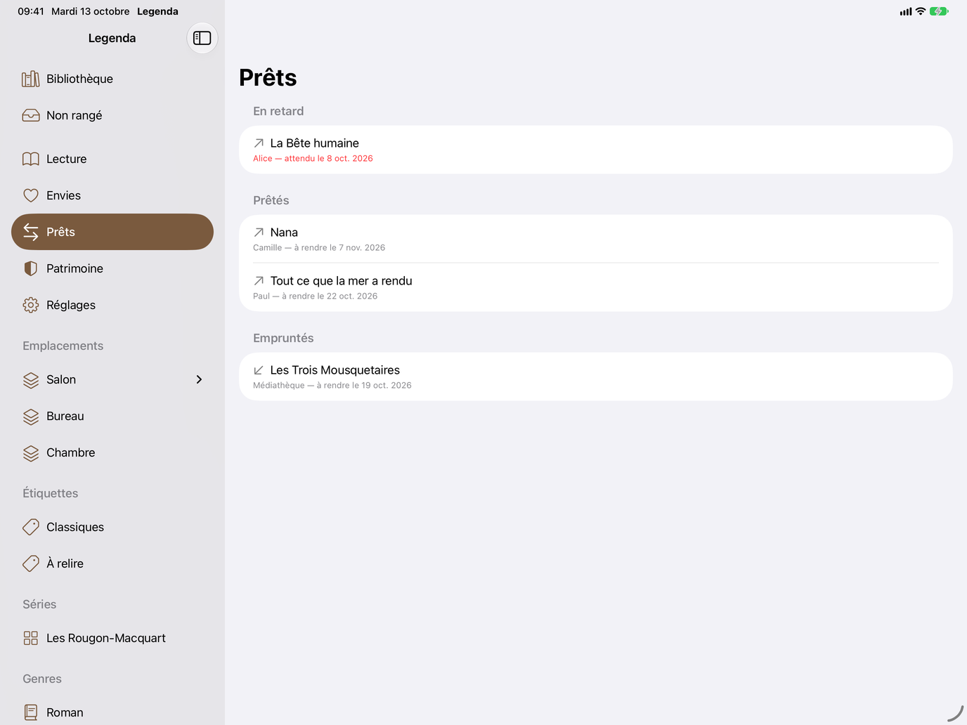 Prêts. Prêts et emprunts, avec rappels de retour. — Legenda, iPad
