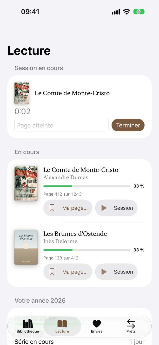 Session. Le temps de lecture, page après page. — Legenda, iPhone