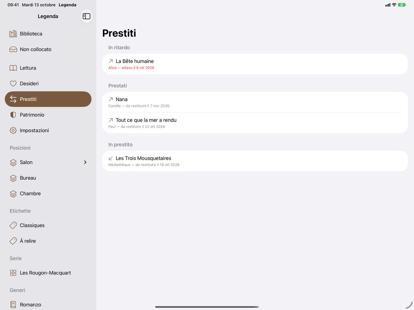 Prestiti. Prestiti in entrata e in uscita, con promemoria. — Legenda, iPad
