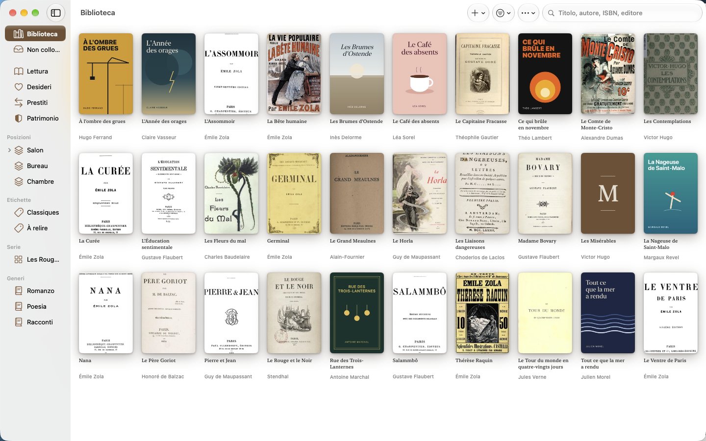 Biblioteca. Copertine, scaffali, serie e generi fianco a fianco. — Legenda, Mac