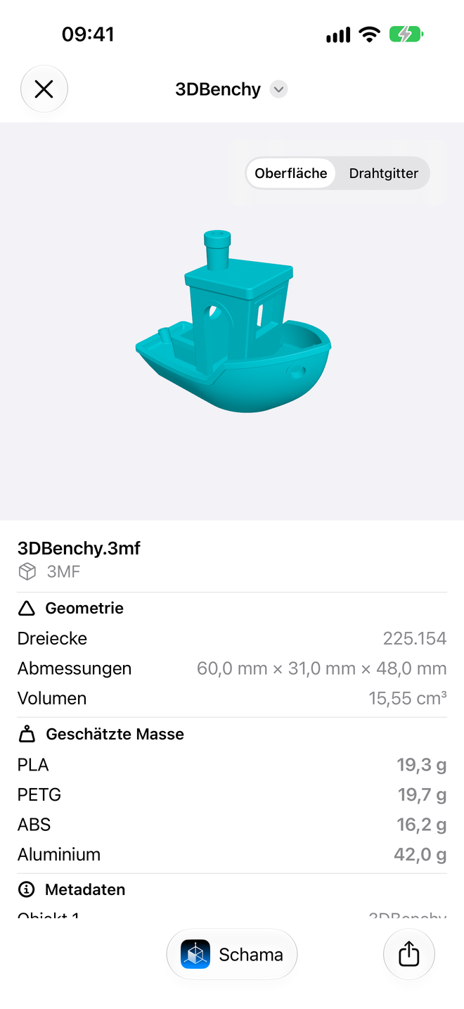 Dateien. Abmessungen, Volumen und geschätzte Masse, ohne die App zu öffnen. — Schama, iPhone