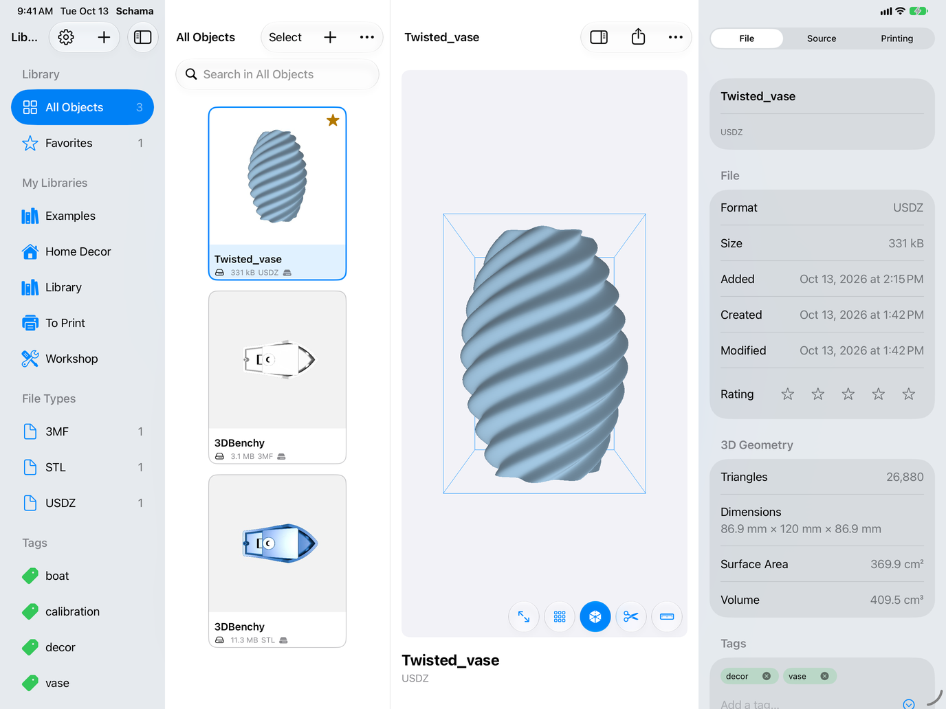 Catalog. STL, 3MF and USDZ together, with size and format. — Schama, iPad