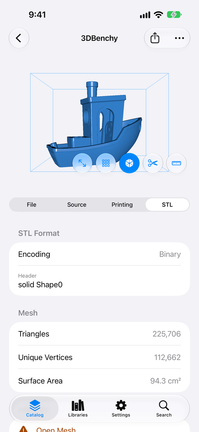 Object details. Triangles, vertices and surface area, read from the file. — Schama, iPhone