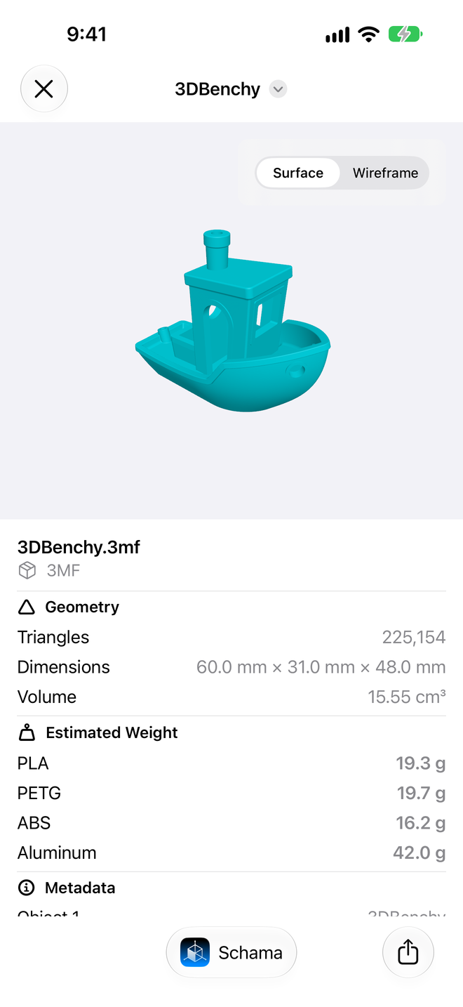 Files. Dimensions, volume and estimated weight, without opening the app. — Schama, iPhone