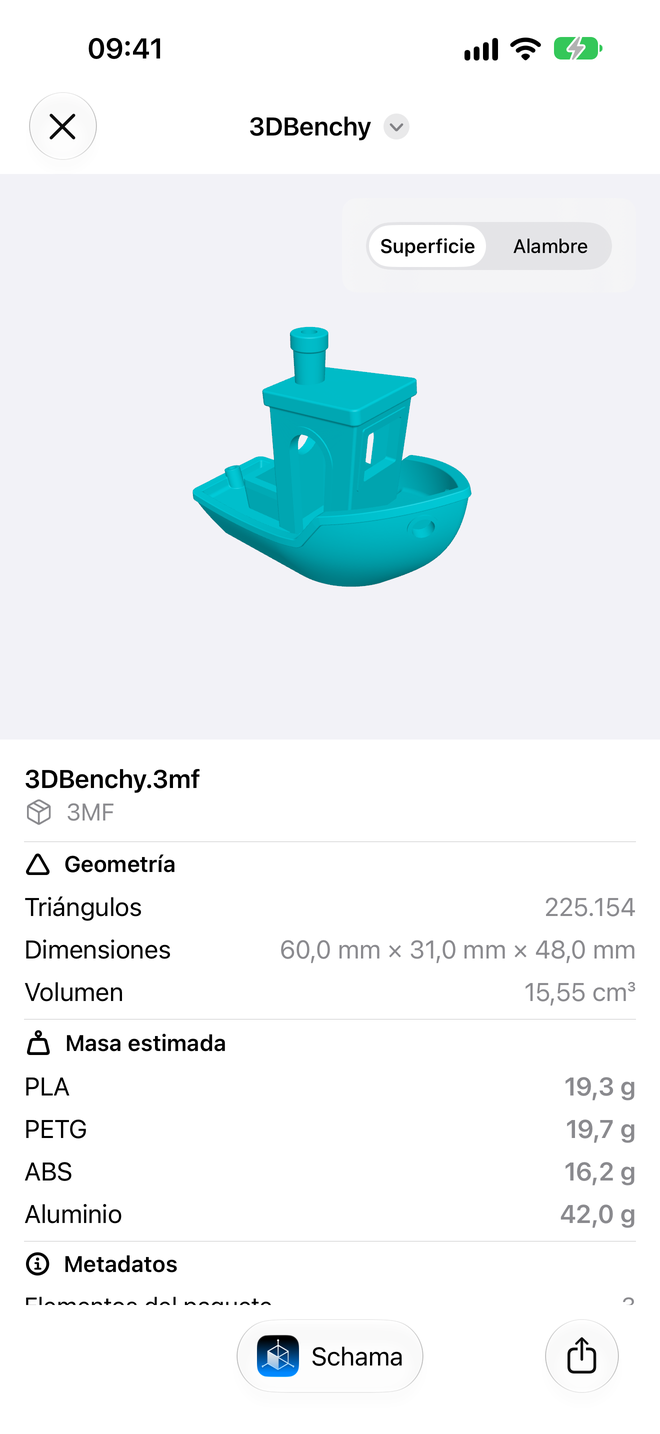 Archivos. Dimensiones, volumen y peso estimado, sin abrir la app. — Schama, iPhone