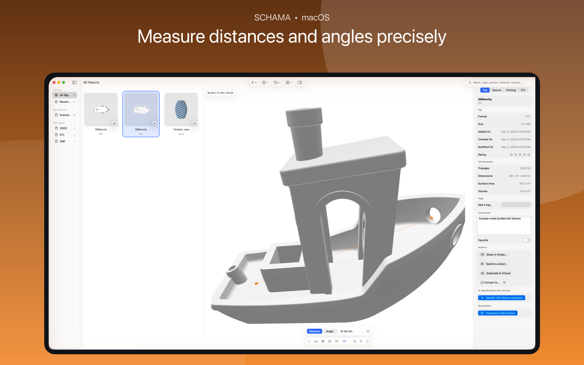 Measurement points and distances displayed on a model