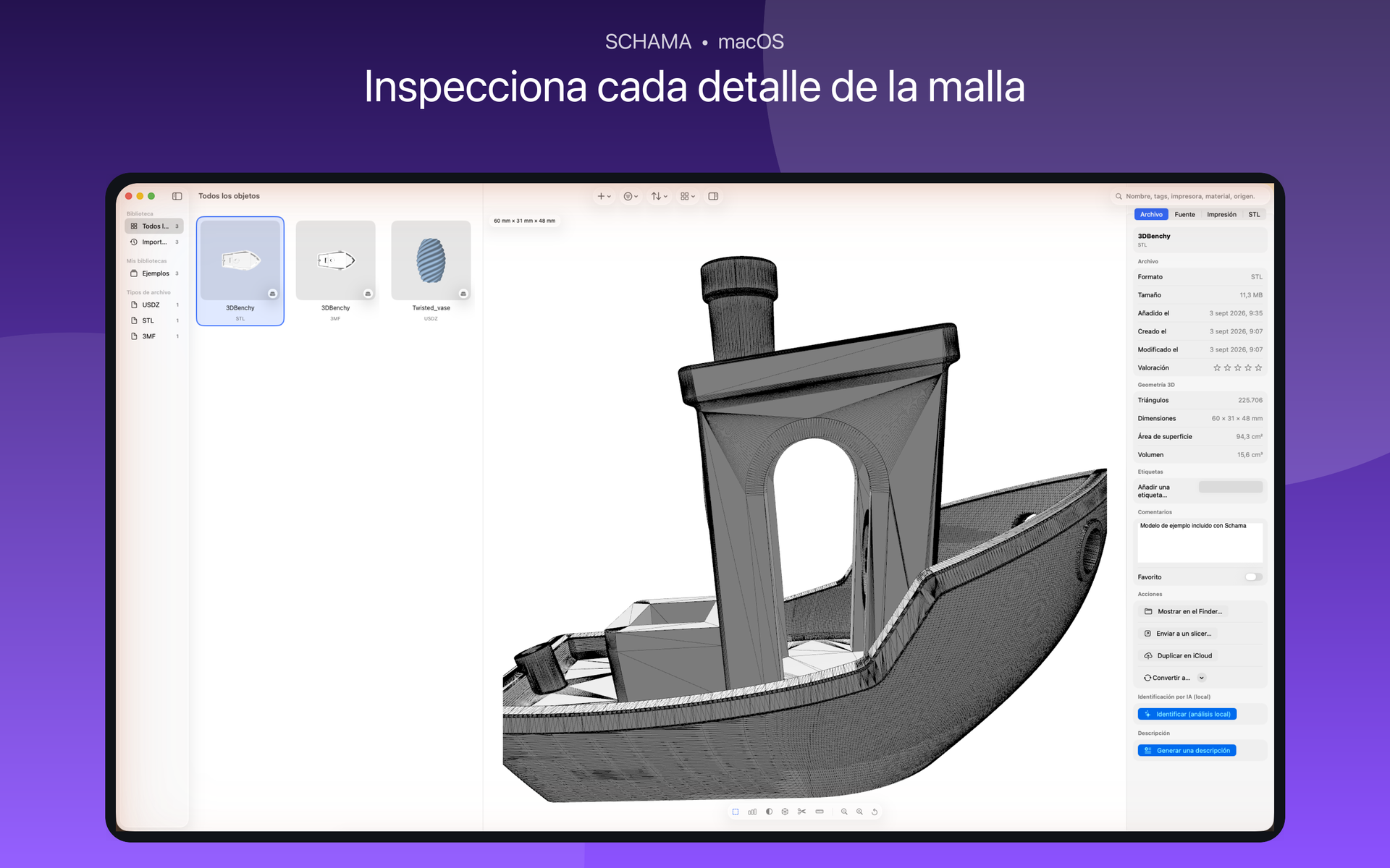 Vista previa 3D de un modelo en modo alámbrico