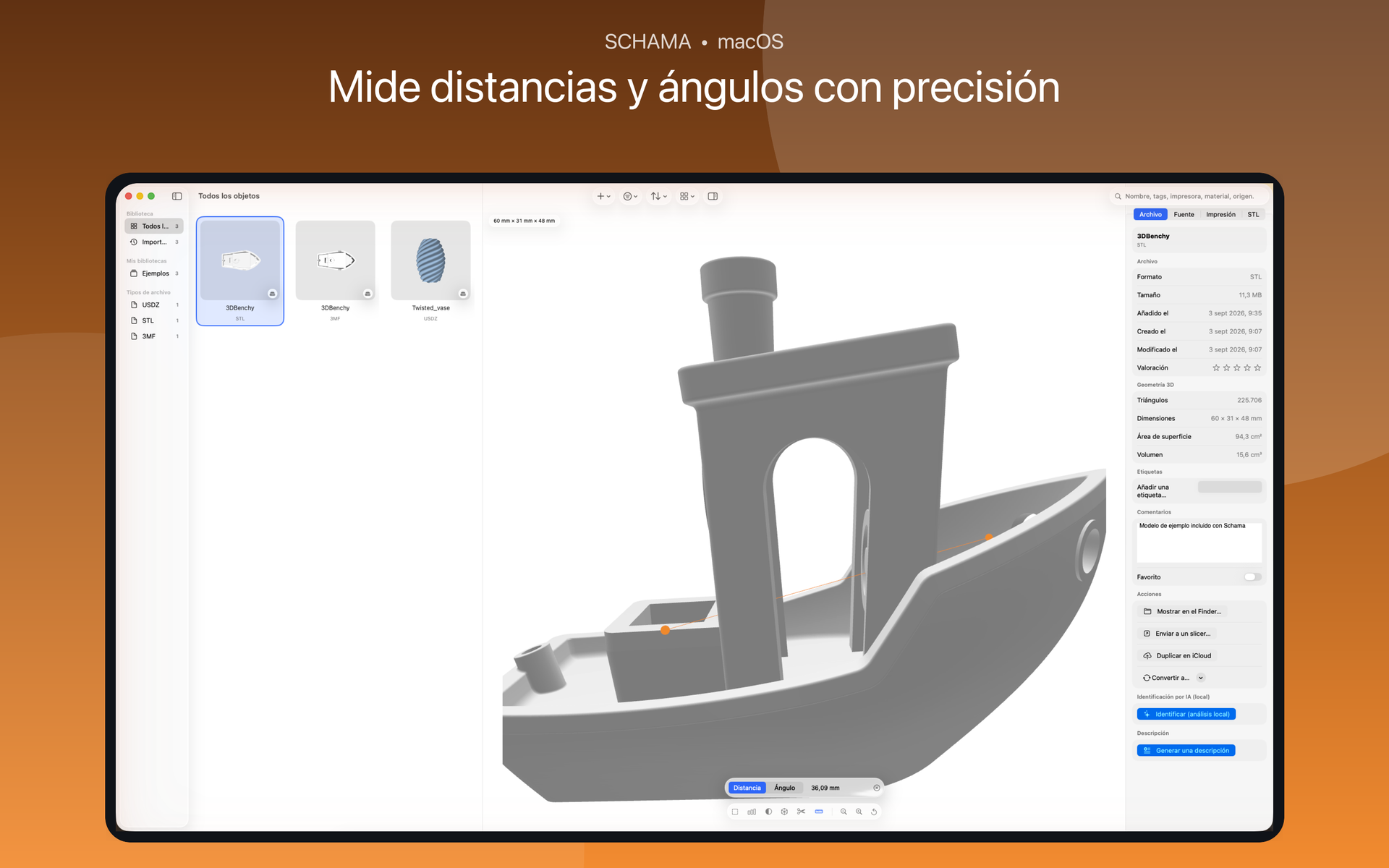 Puntos de medición y distancias mostrados sobre un modelo