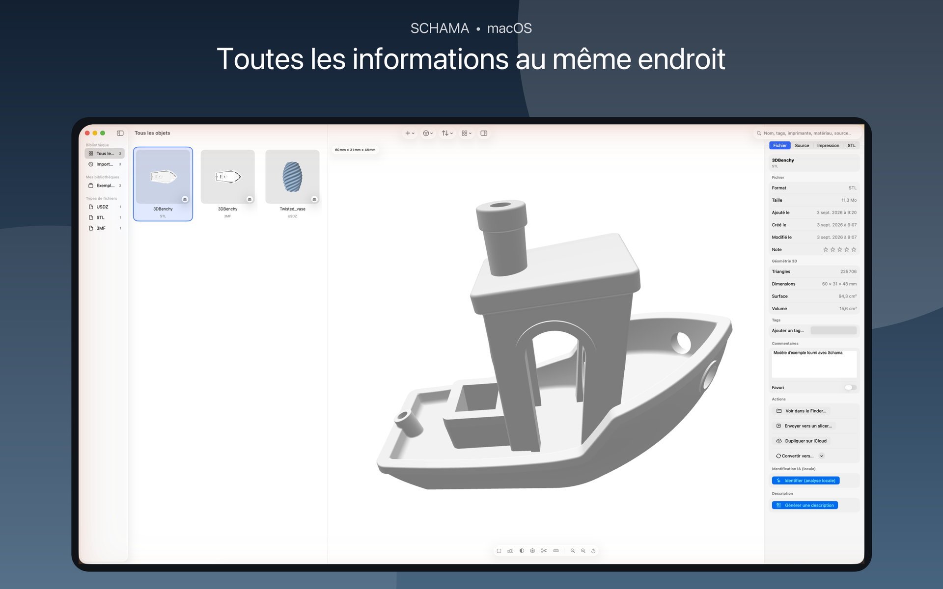 Inspecteur détaillant format, géométrie, tags et actions