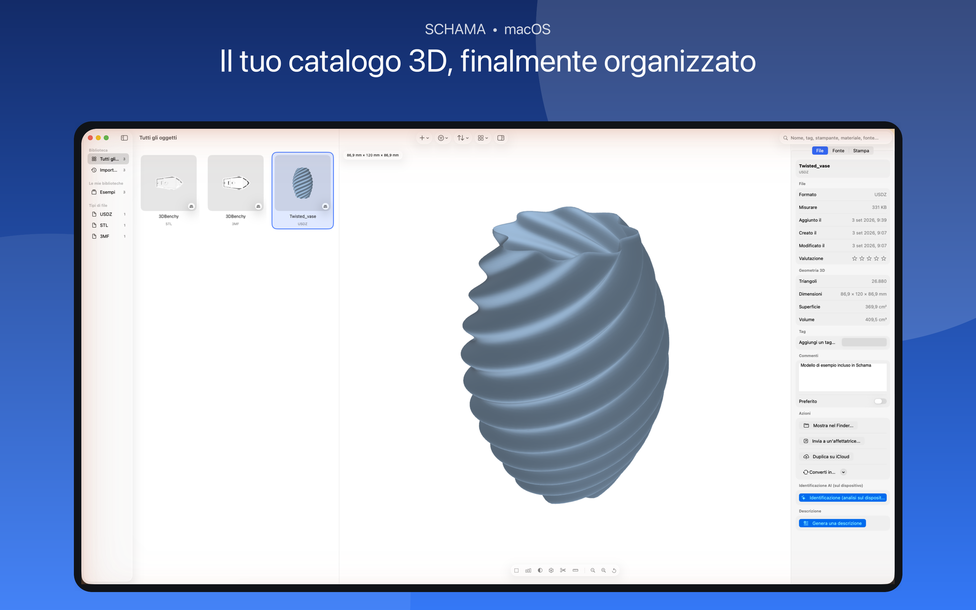 Finestra di Schama con la griglia del catalogo e l’ispettore di un oggetto