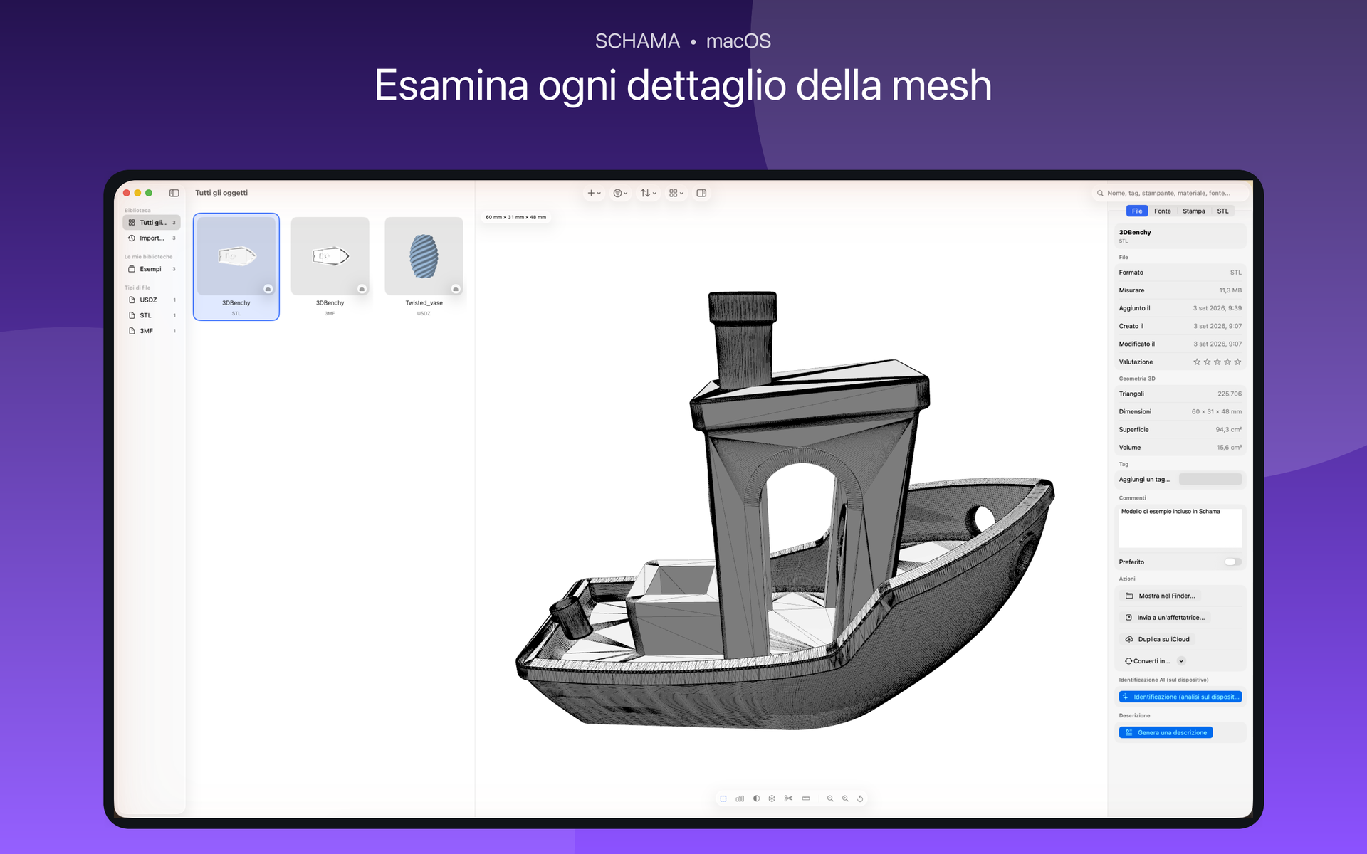 Anteprima 3D di un modello visualizzato in modalità wireframe