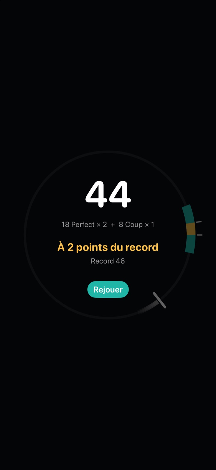 Écran de fin de manche avec le score et le record