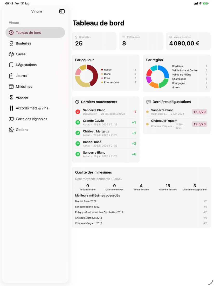 Tableau de bord Vinum sur iPad avec barre latérale et statistiques détaillées