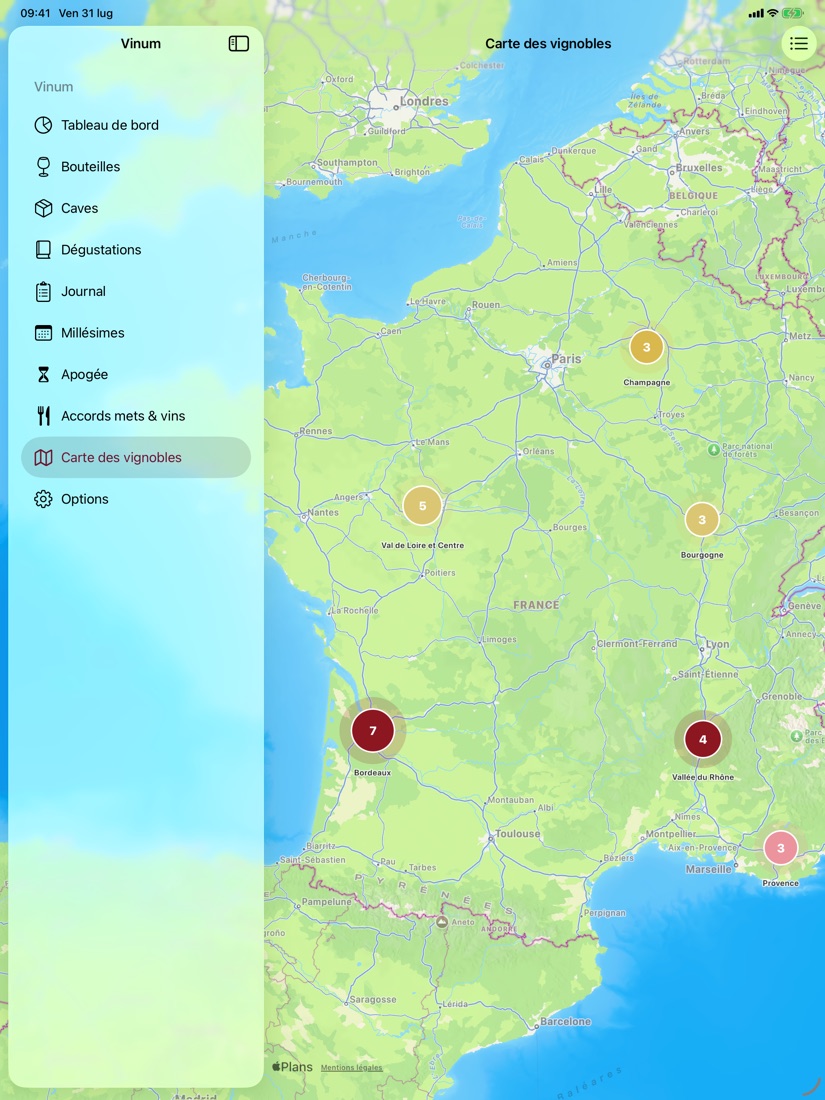 Carte des vignobles Vinum sur iPad en grand format