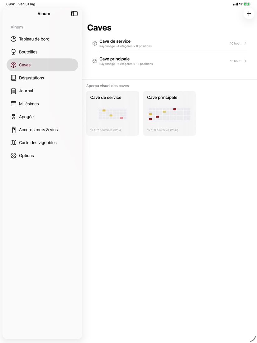 Vue d’ensemble des caves Vinum sur iPad avec aperçus visuels côte à côte