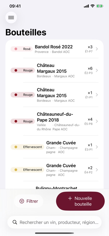 Liste des bouteilles Vinum avec couleur, région, appellation, quantité et emplacement