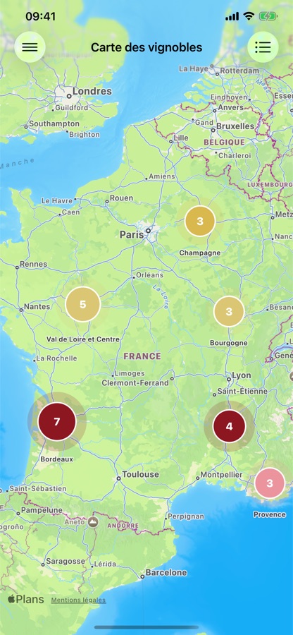 Carte des vignobles Vinum avec bouteilles par région viticole
