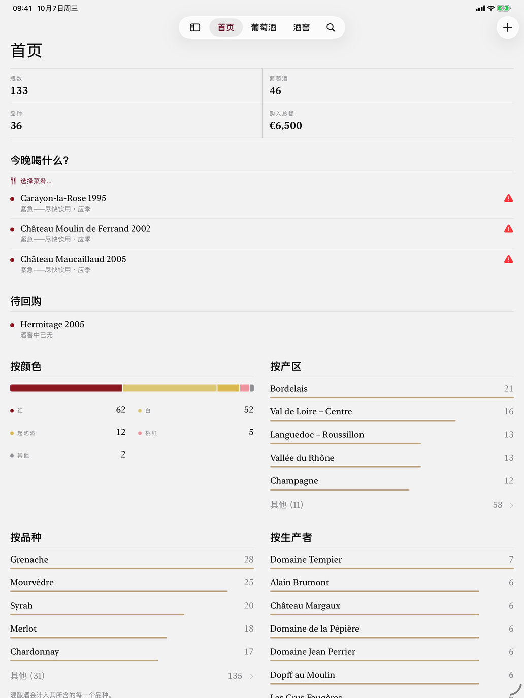 瓶数、酒款、葡萄品种和投入金额,下面是今晚宜先喝的酒。 — Vinum, iPad