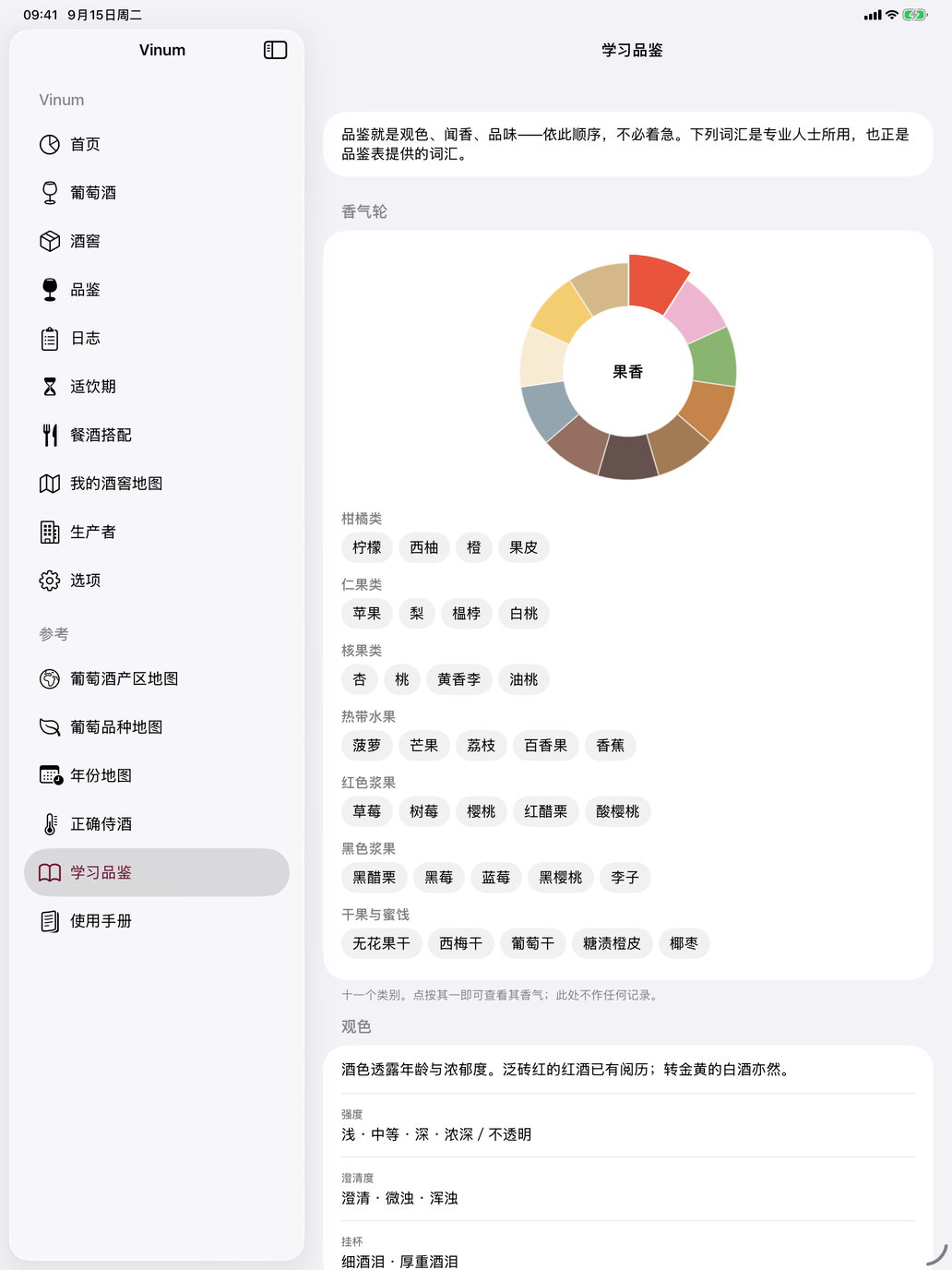 按类别划分的香气轮,下面是各类香气的词语,从柑橘到黄色水果。 — Vinum, iPad