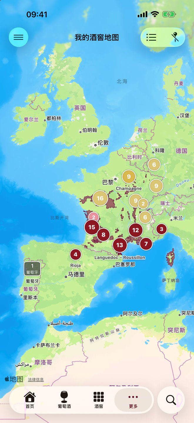 你的酒在地图上分组显示,叠在描绘出的葡萄园区域之上。 — Vinum, iPhone