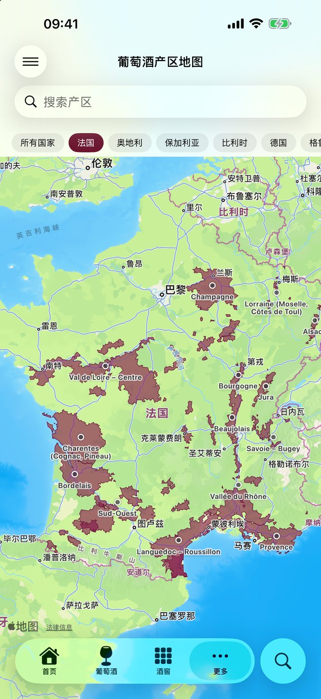 地图上画出的葡萄酒产区,可按国家筛选,也可搜索产区。 — Vinum, iPhone