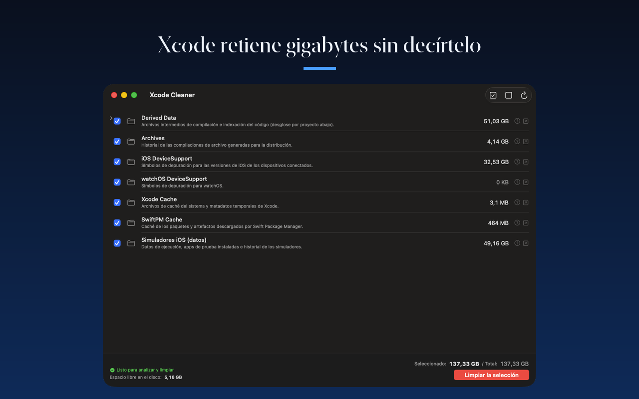 Lista de las cachés de Xcode analizadas con su tamaño